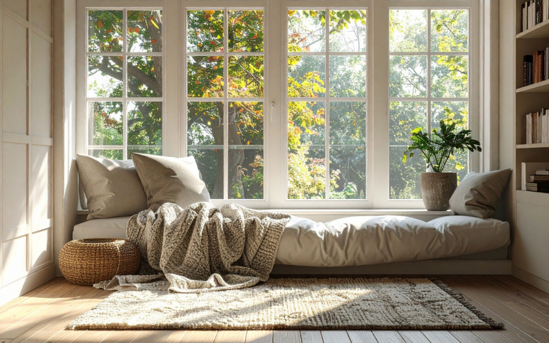 Sunlit window‑seat with a daybed, beige cushions, a chunky knit throw, a wicker ottoman, a textured rug, and a potted plant by a bookshelf.